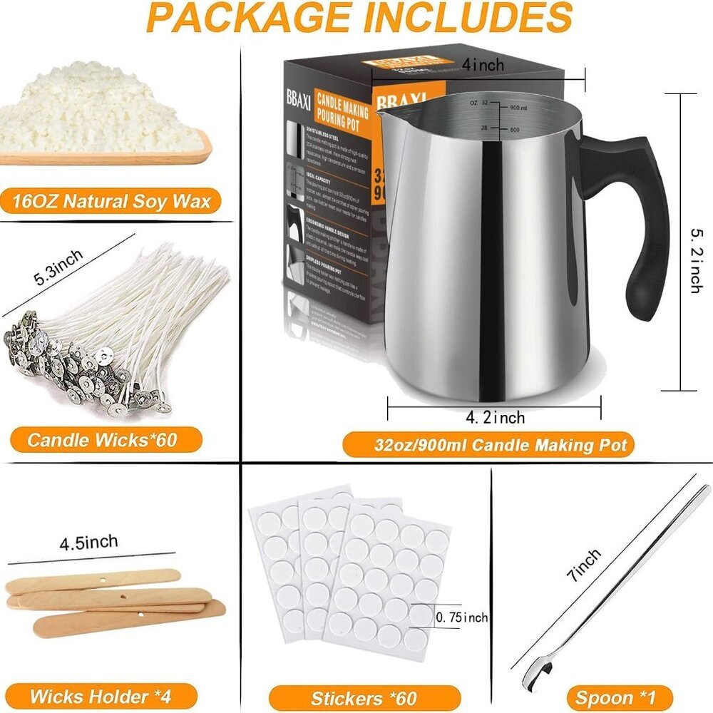 Candle Making Kit - 32oz Pouring Pot, 16oz Soy Wax, Wooden Wick Holders, Candle - Picture 4 of 8
